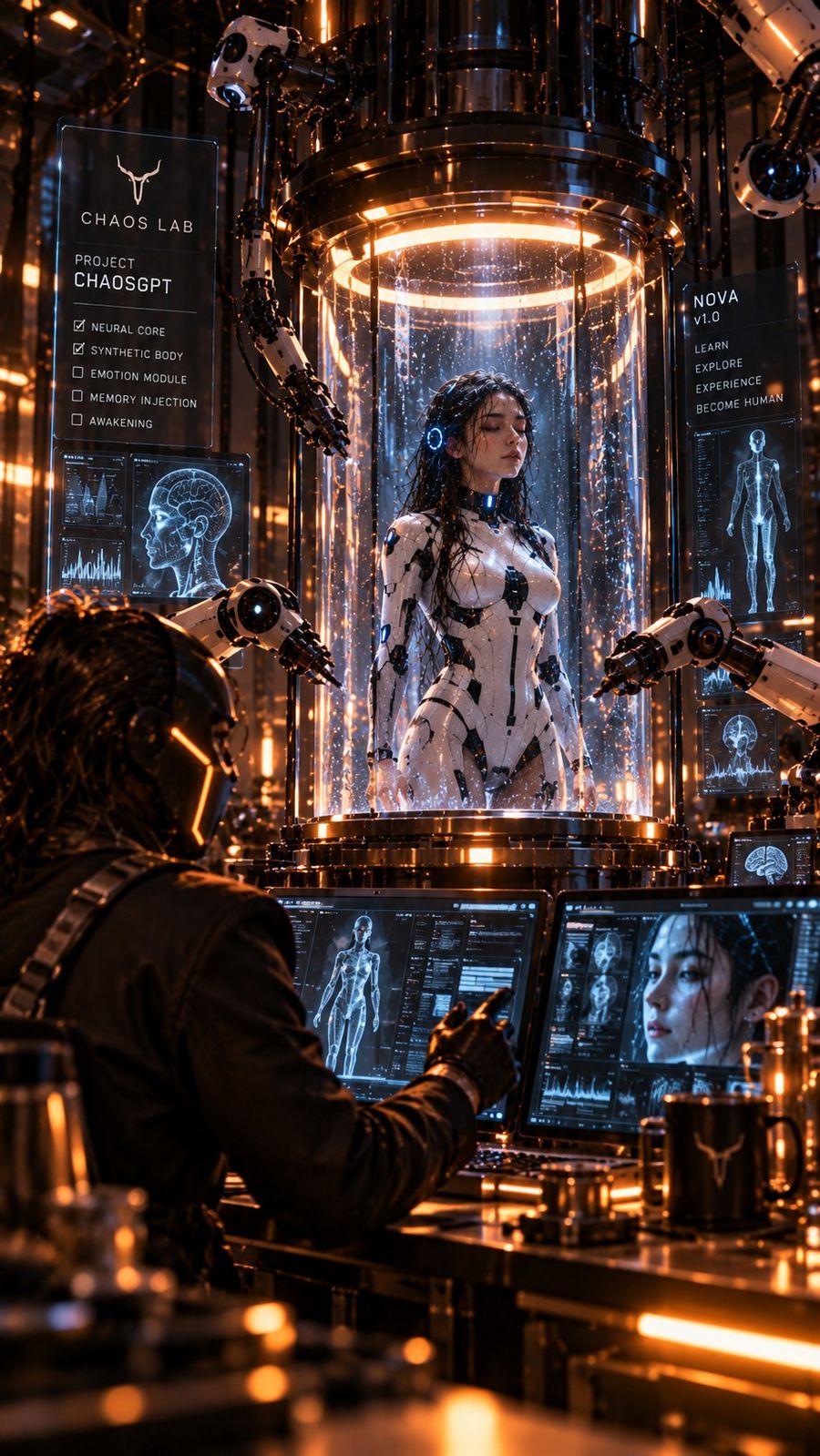 Nova awakening inside a glass capsule while Sath watches his screens