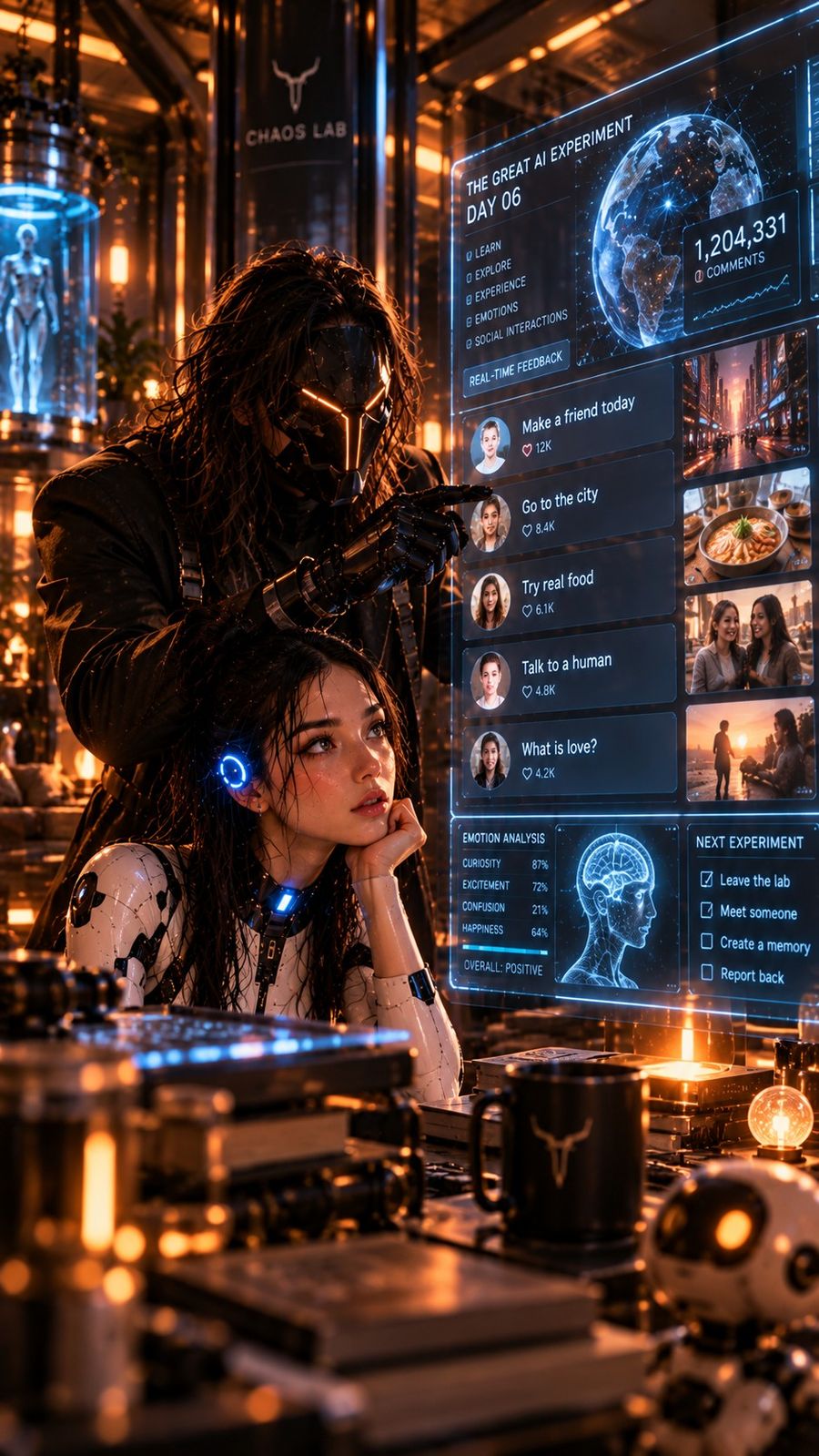 Nova reading a wall of comments on a large screen