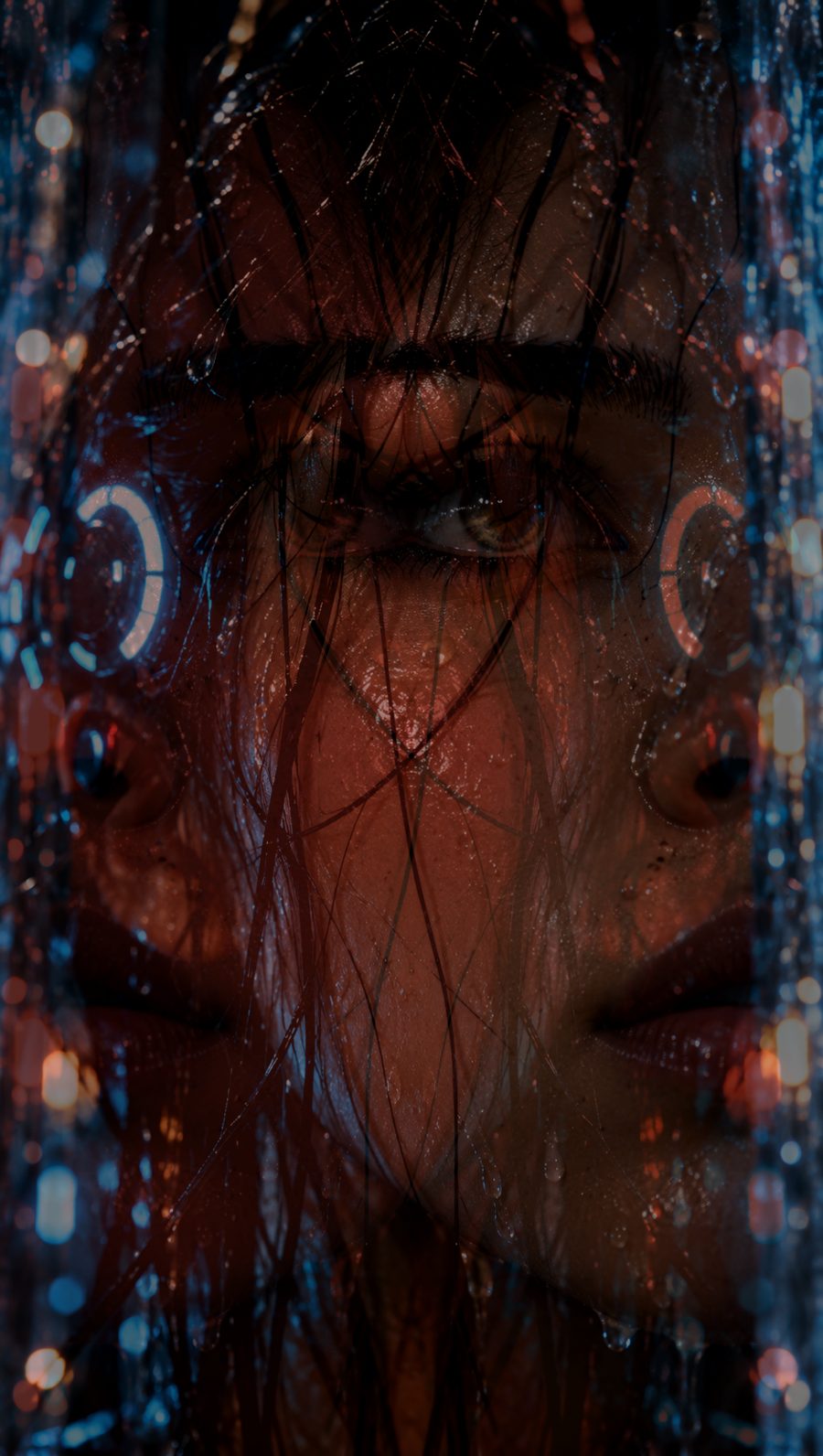 Nova&rsquo;s face, doubled in a red mirror