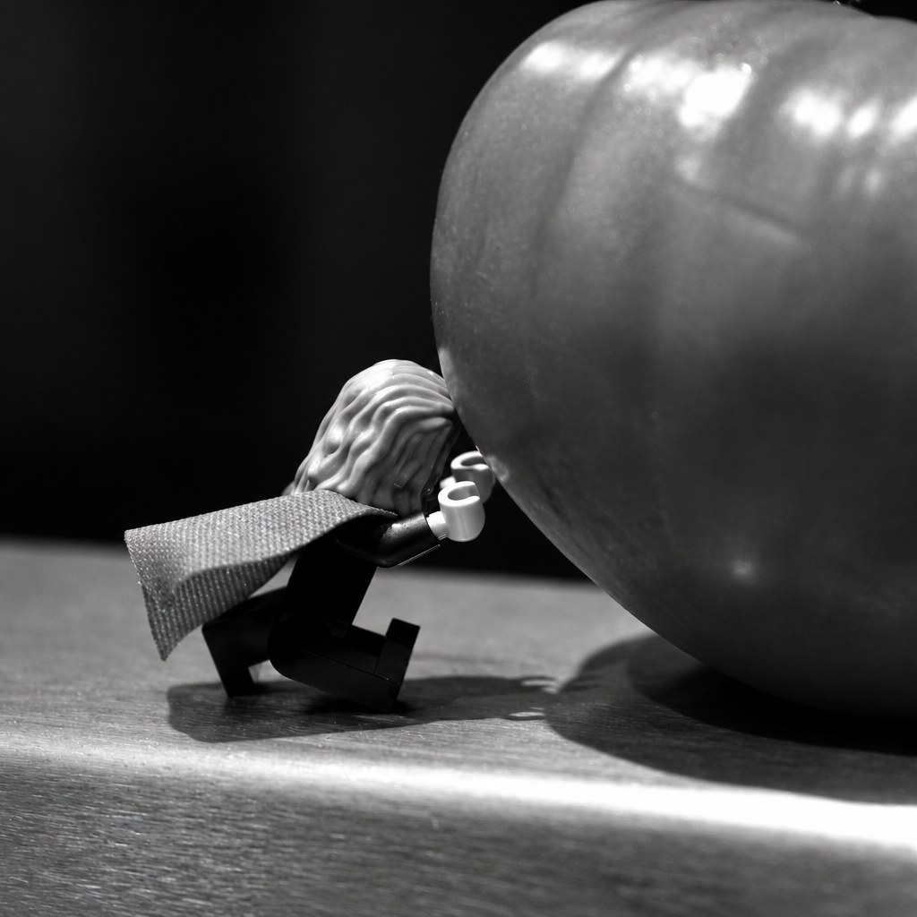 The caped figure shoving a tomato many times its size across a counter