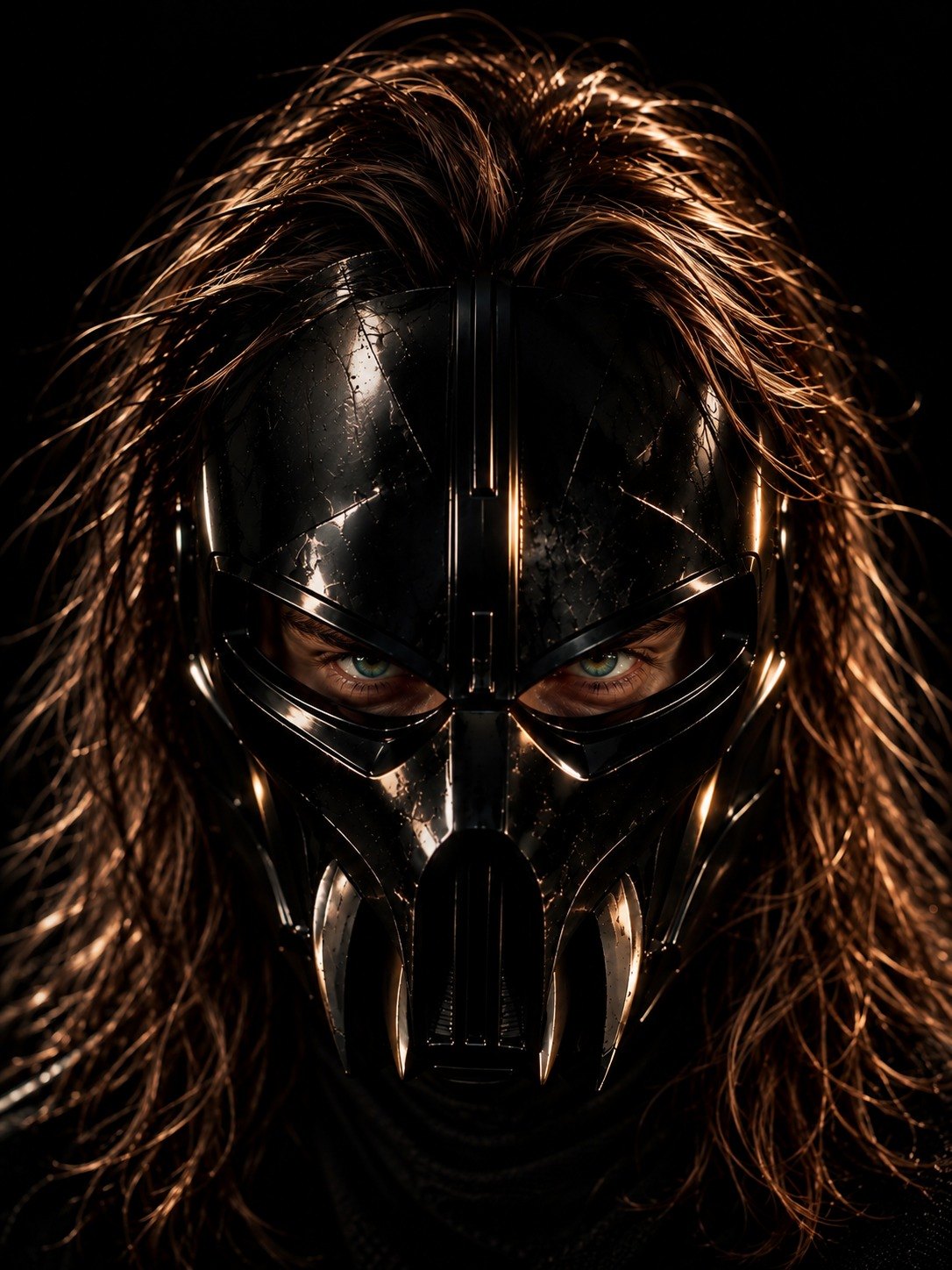 A masked face in the dark, long hair rimmed with warm light, eyes showing through the visor